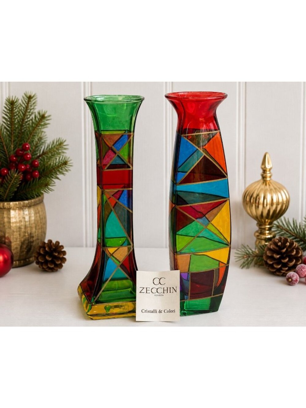 CC Zecchin Venezia Italy Art Glass Vases Pair Cristalli & Colori 8.75"